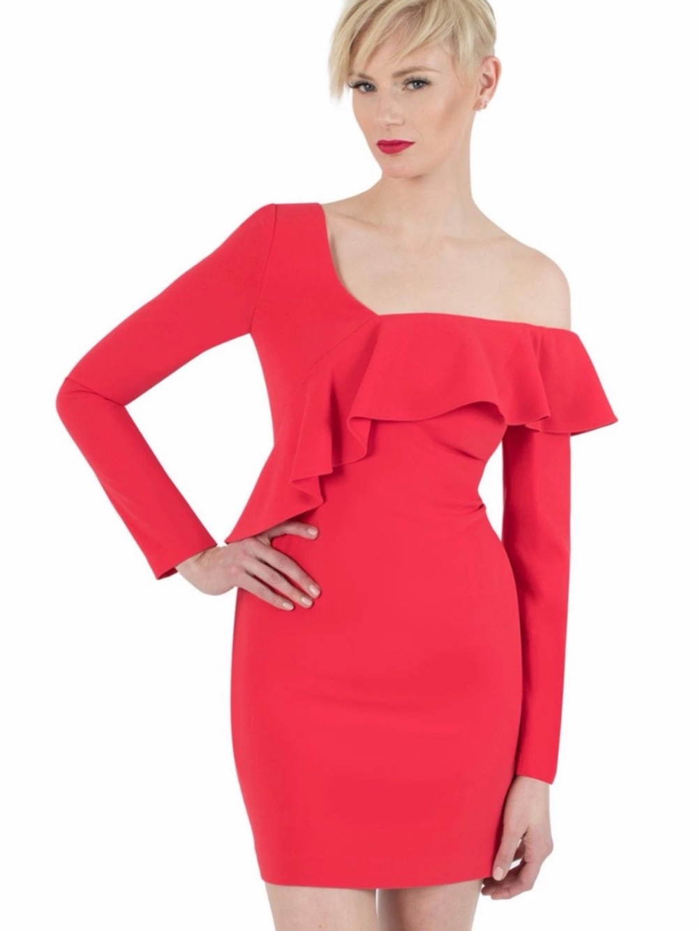 Black Halo Red One Shoulder Ruffle Dress Size 2 Cocktail Bodycon